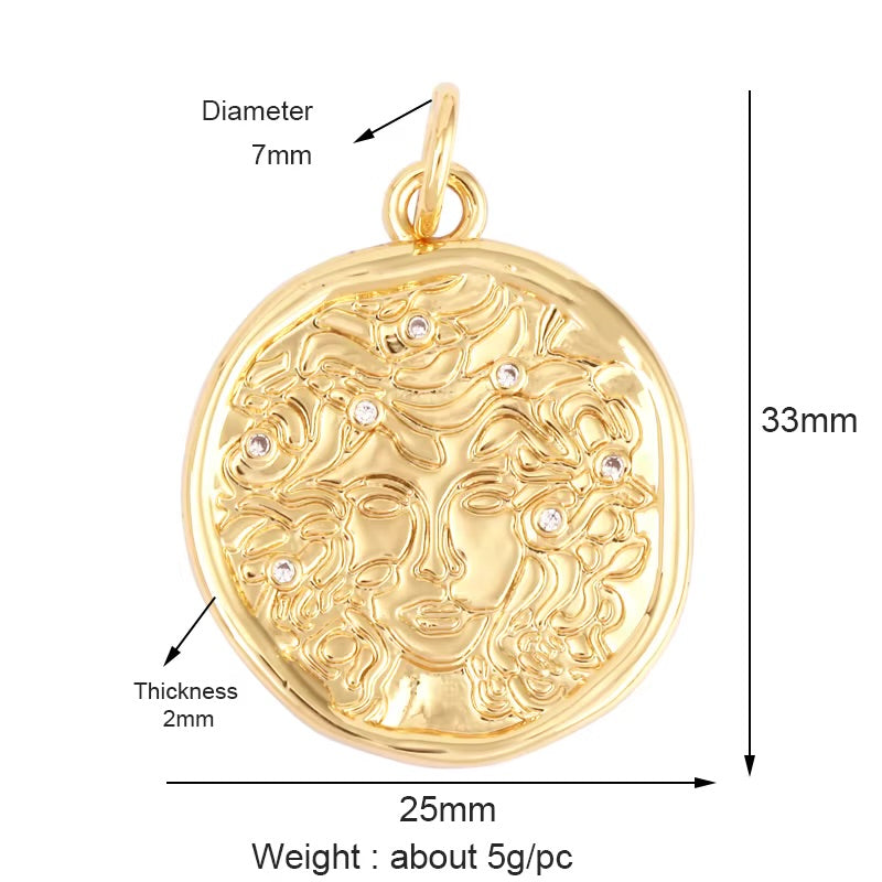 18k Gold Medallion Pendant With Zirconia 33mm, 1pc