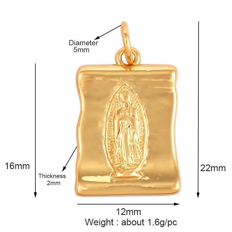 18k Gold Rectangular Guadalupe Virgin Pendant 22mm, 1pc