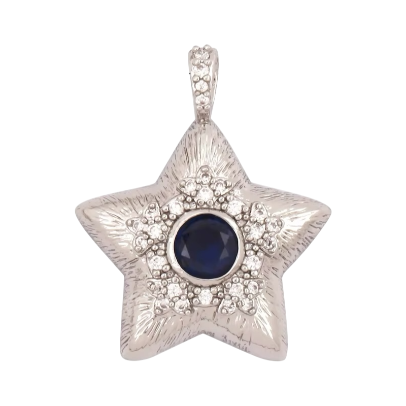 18k Silver Plated Star Pendant With Blue Zirconia 24mm, 1pc