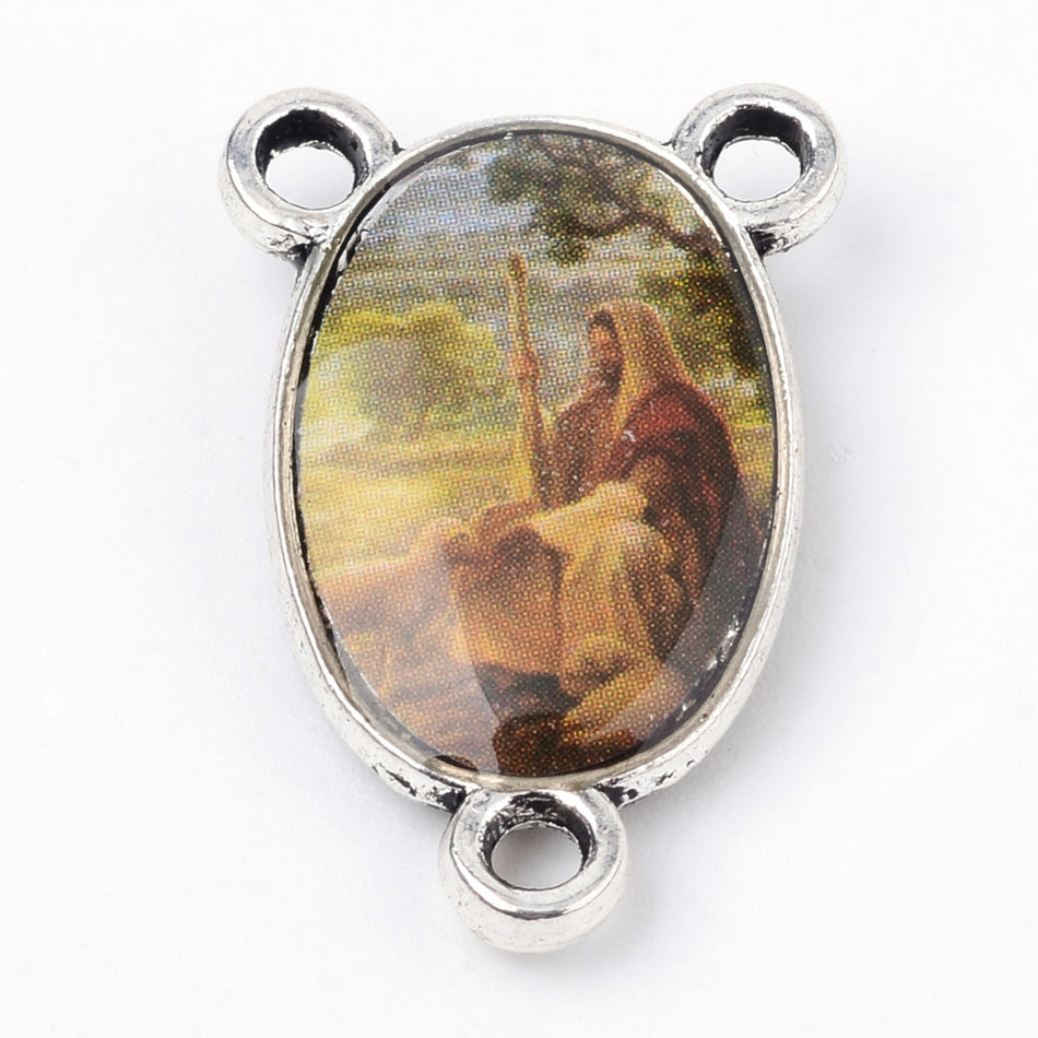 Silver Oval Rosary Center with Jesus 22mm, 2pcs
