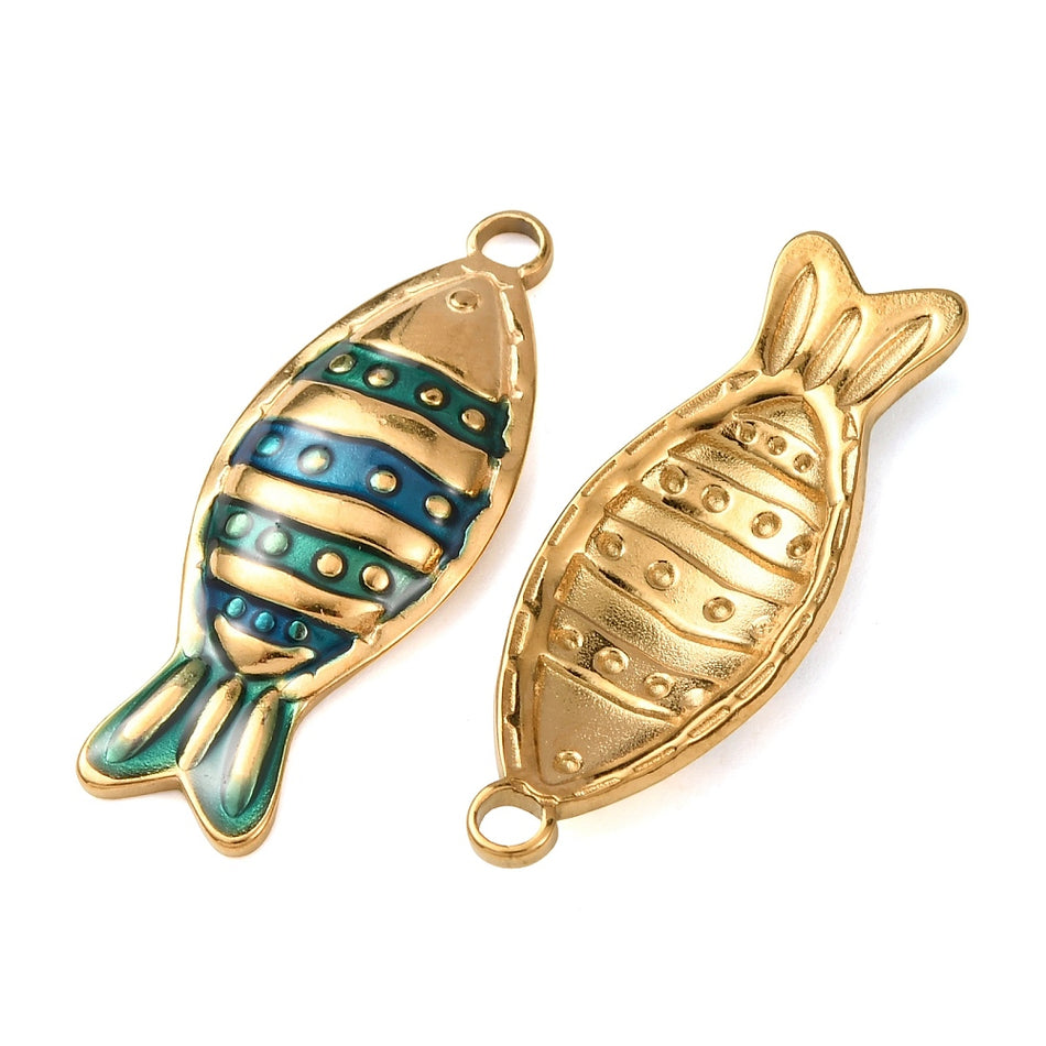 Stainless Steel Fish with Teal Enamel Pendant 30mm, 2pcs