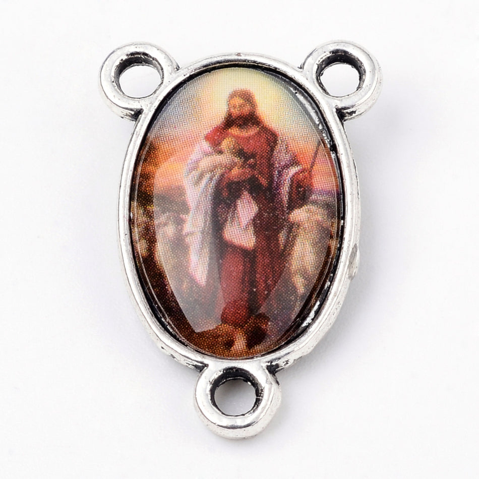 Silver Oval Rosary Center with Jesus 22mm, 2pcs