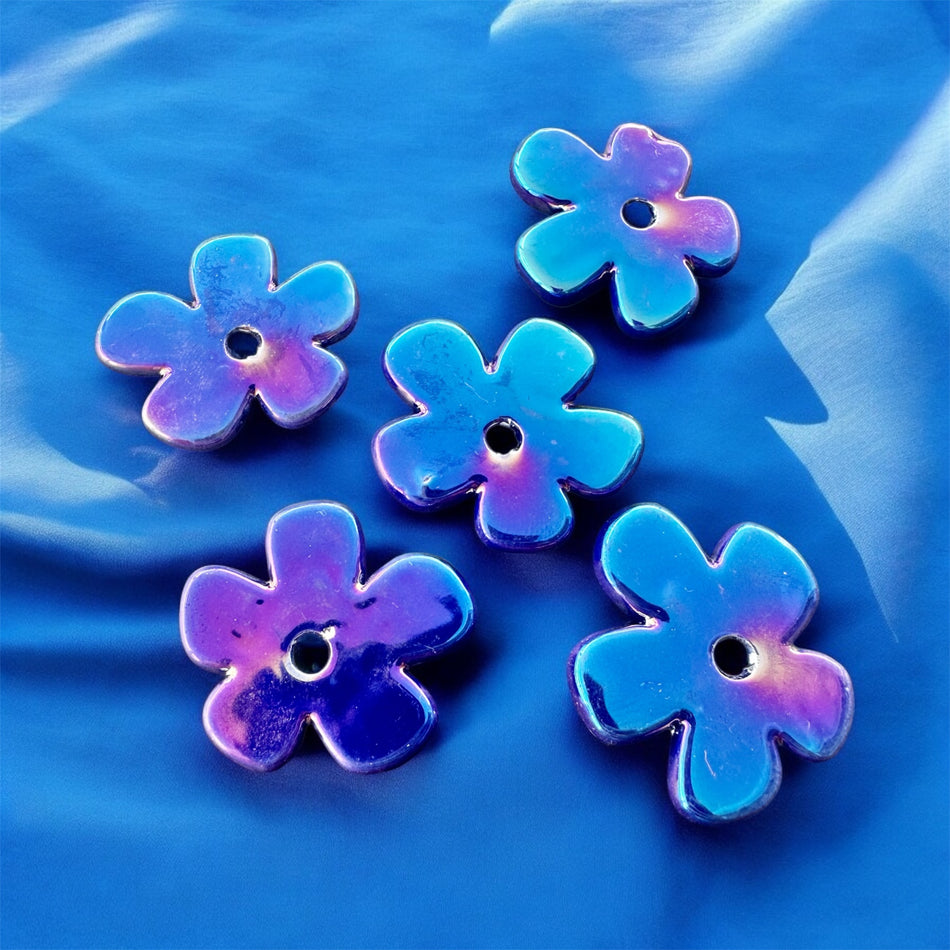 Electroplated Porcelain Flower Beads, 5pcs