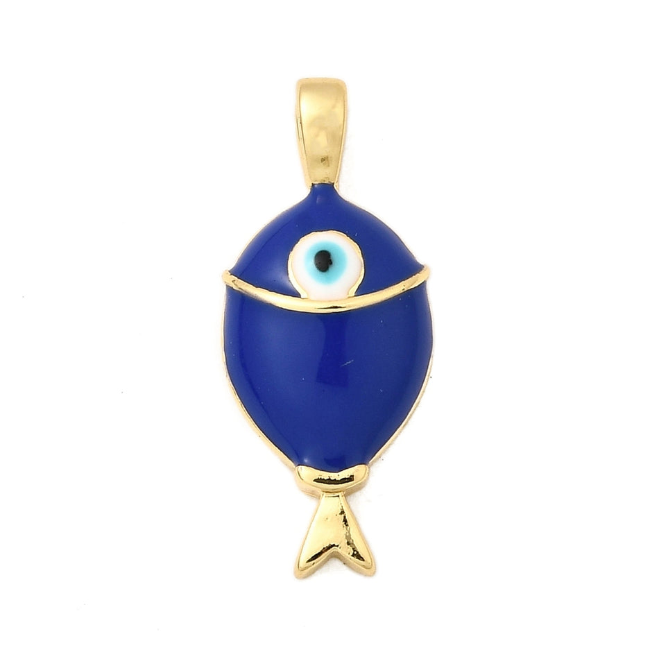 18k Gold-Plated Royal Blue Evil Eye Fish Pendant 20mm, 1pc