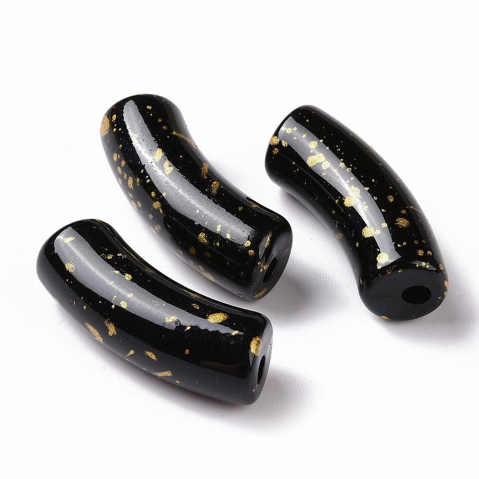 Curved Tube with Gold Flakes Acrylic Beads 34x11mm, 10pcs