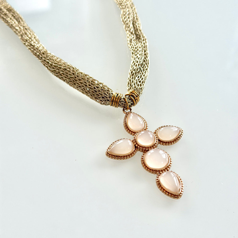 Gold Mesh Necklace with Gem Cross Pendant, 20inch