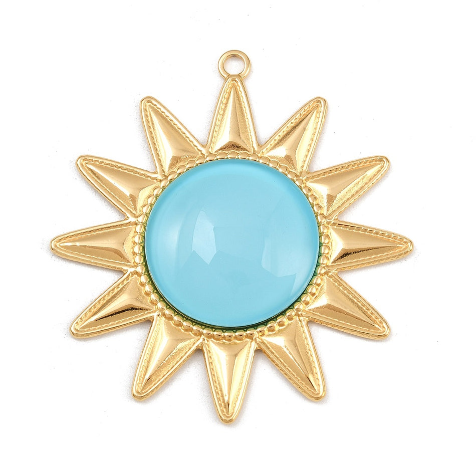 Stainless Steel Golden Sun Pendant with Glass Bead 56mm, 1pc