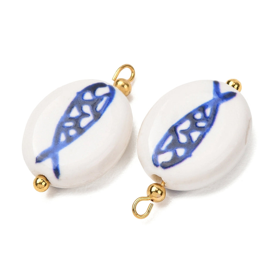 18k Gold-Plated White Oval Porcelain Fish Pendant 22mm, 1pc