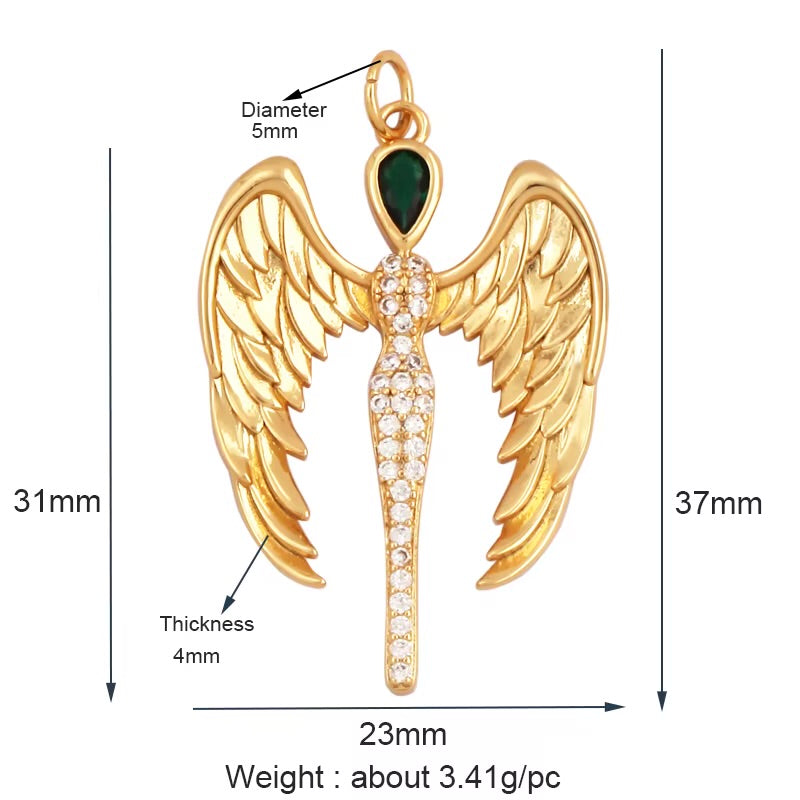 18k Gold Angel Pendant With Zirconia 37mm, 1pc