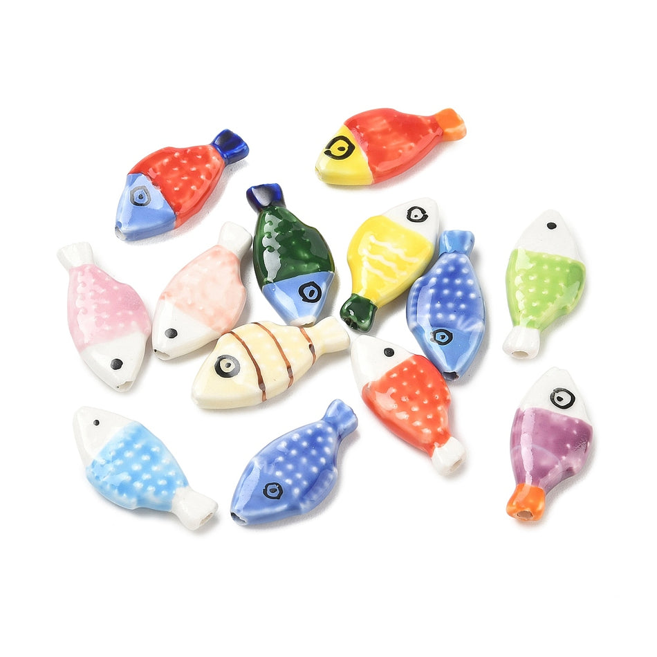 Porcelain Mixed Color Fish Beads 26mm, 3pcs