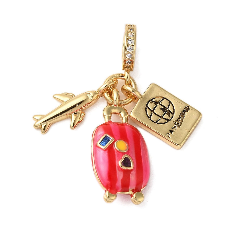18k Gold Plated Traveler Luggage with Airplane and Passport Pendant 14mm, 1pc