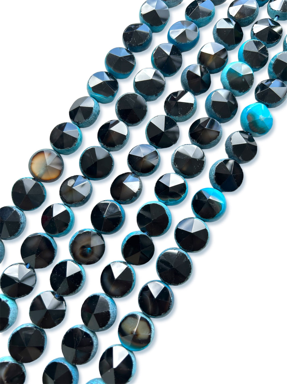 Black and Blue Faceted Flat Round Gemstone Strand, 16mm