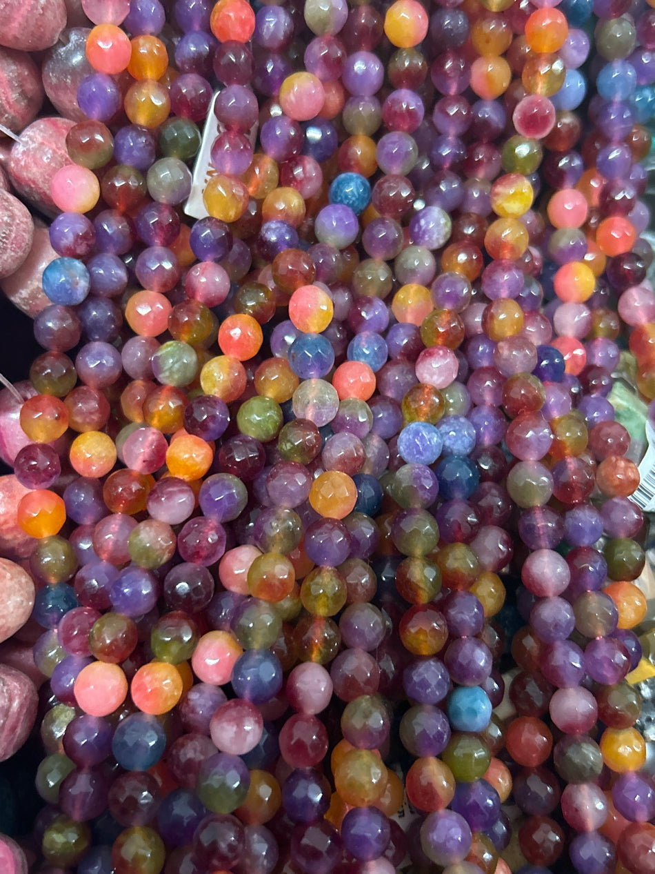 Faceted Round Multicolor Jade Strand, 8mm