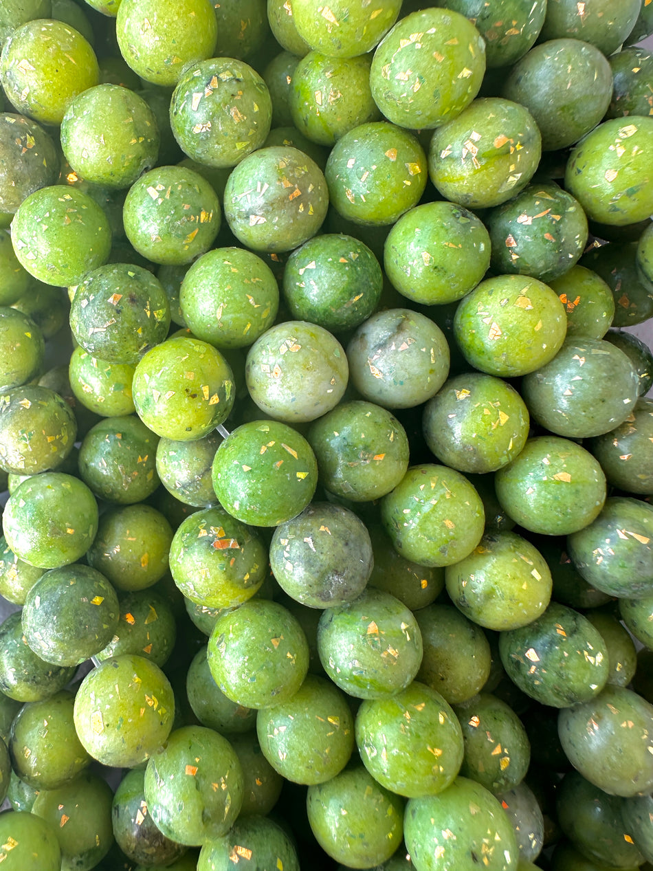 Round Jade with Gold Flakes Strand, 12mm