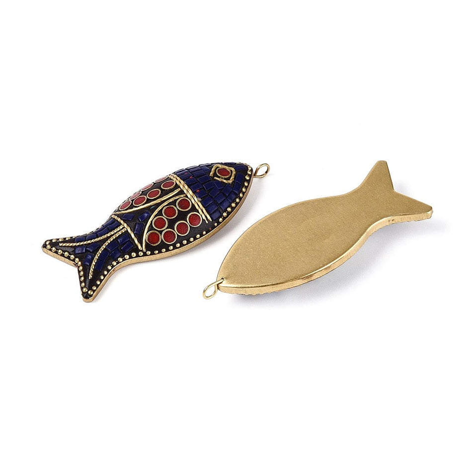Gold-Plated Indonesian Mosaic Fish Pendant 64mm, 1pc