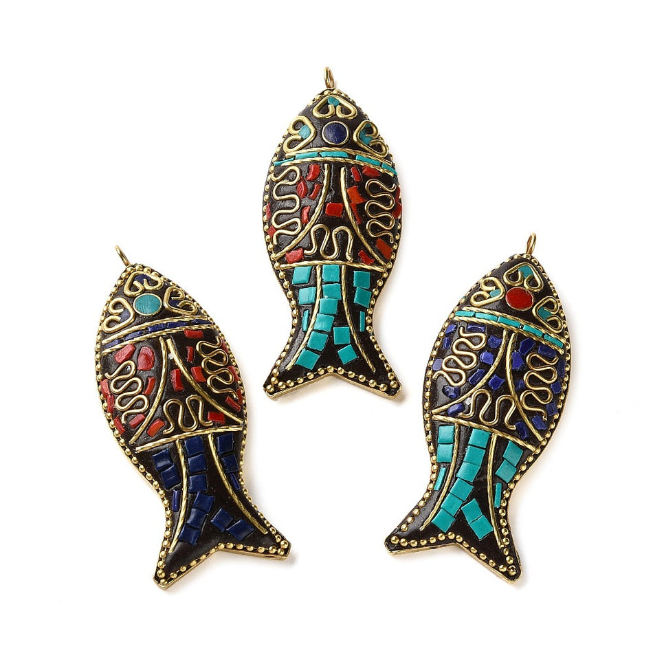 Indonesian Mosaic Fish Pendant 64mm, 1pc