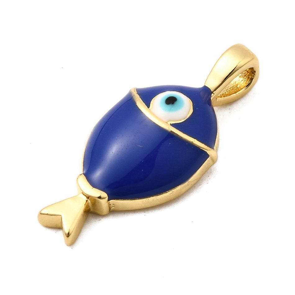 18k Gold-Plated Royal Blue Evil Eye Fish Pendant 20mm, 1pc