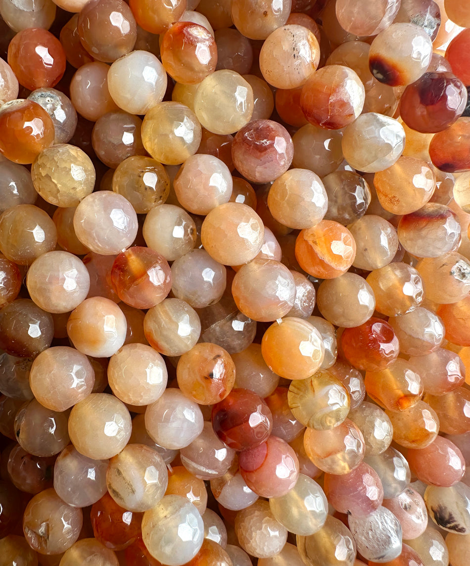 Faceted Round Peach and Brown Agate Strand, 10mm