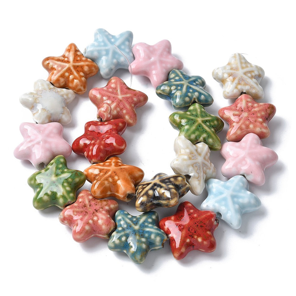 Mixed Color Starfish Ceramic Bead Strand, 19mm