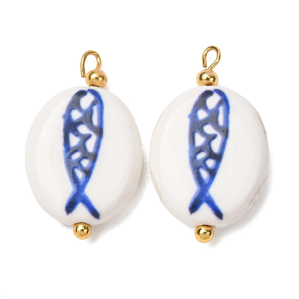 18k Gold-Plated White Oval Porcelain Fish Pendant 22mm, 1pc