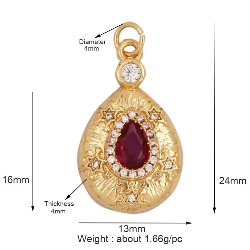 18k Gold Plated Drop Pendant With Magenta Zirconia 24mm, 1pc