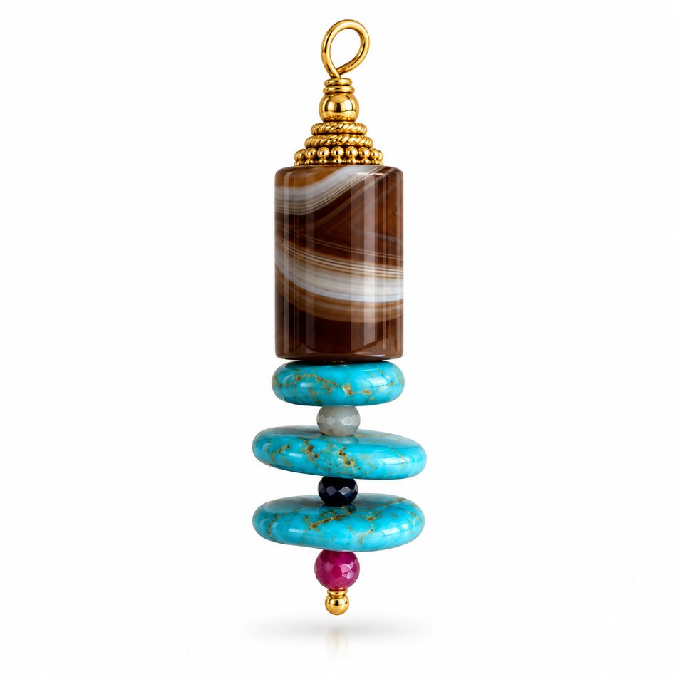 Kit Pendant Brown Agate Barrel and Turquoise Disc
