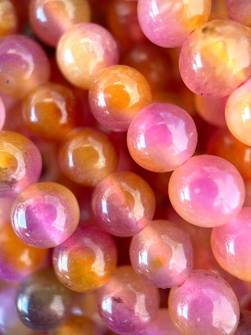 Round Orange-Pink Jade Bead Strand, 8mm