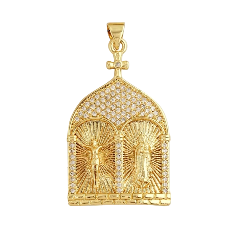 18k Gold Church Pendant with Zirconia 42mm, 1pc
