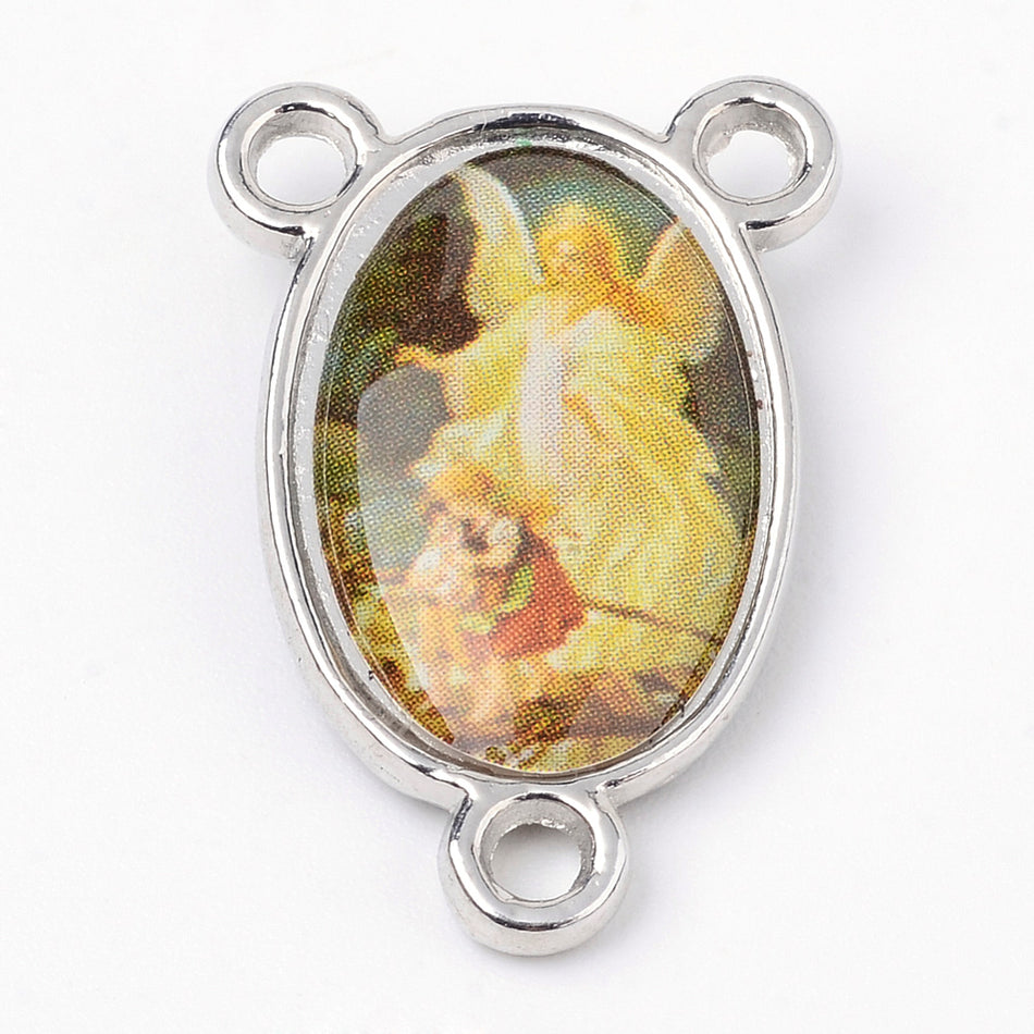 Silver Oval Rosary Center with Guard Angel 22mm, 2pcs