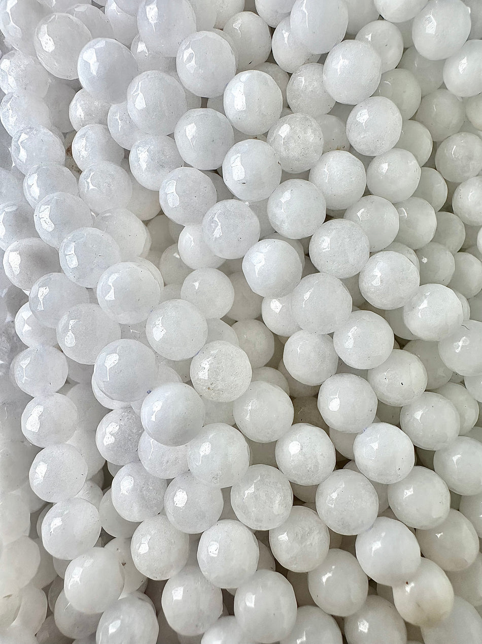 Faceted White Round Jade Strand, 8mm