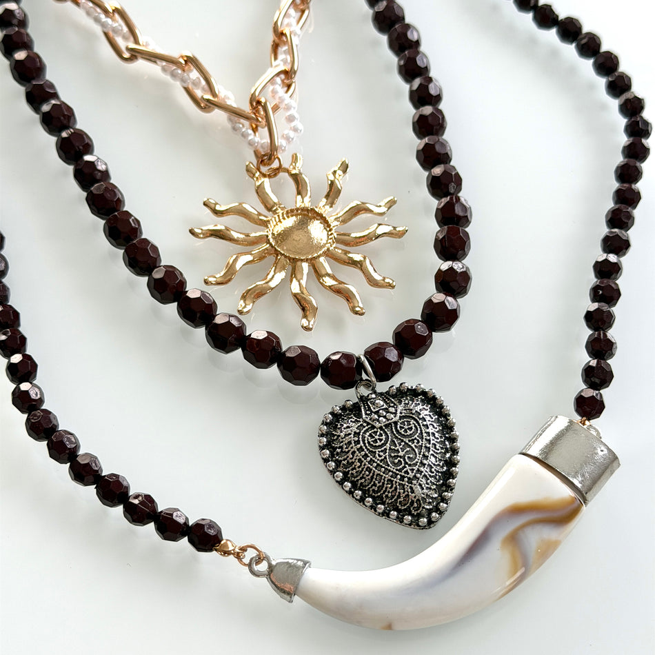 Triple-Layer Necklace featuring Resin Beads and Gold Chain With Pendants,