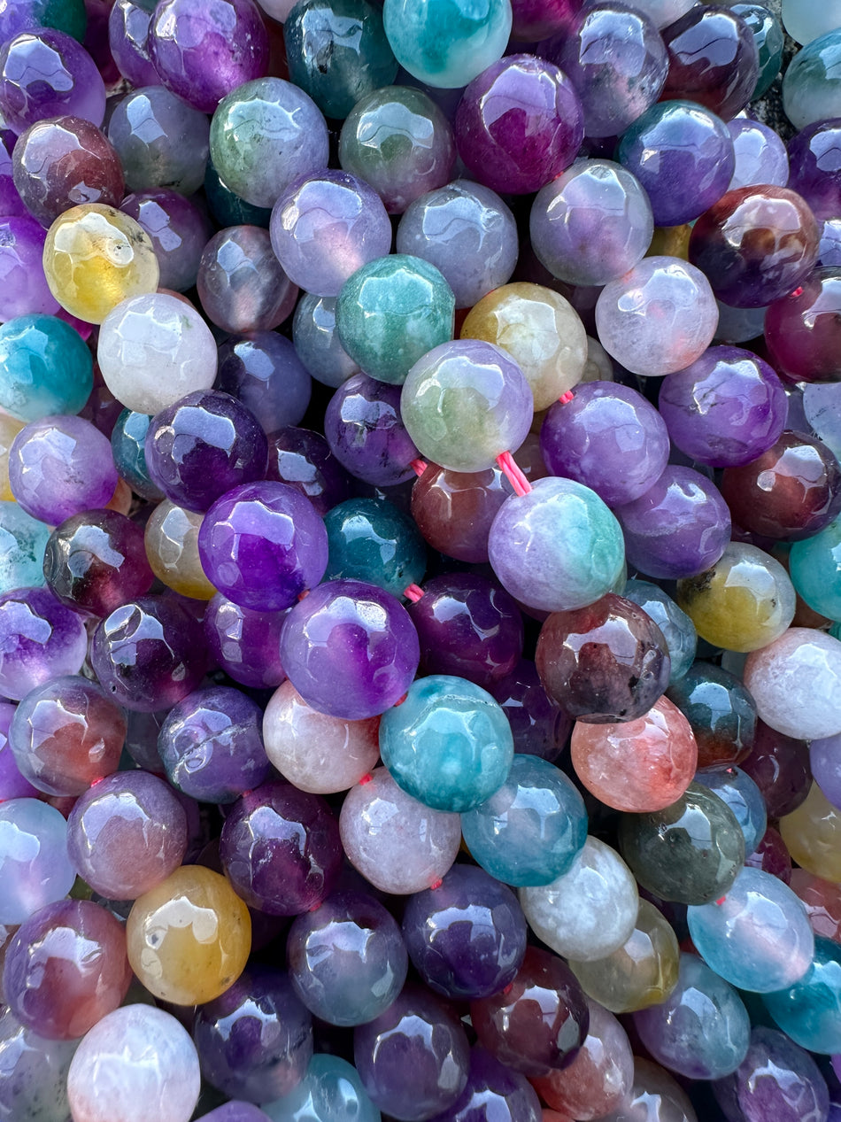 Faceted Multicolor Round Bead Jade Strand, 10mm