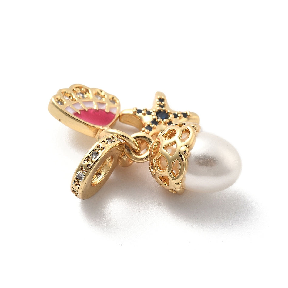 18k Gold-Plated Starfish and Shell with Pearl Pendant 30mm, 1pc