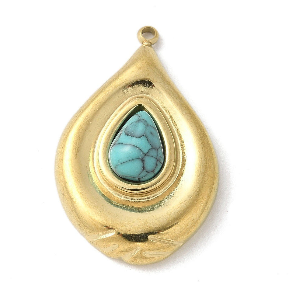 Stainless Steel Teardrop Pendant with Gemstone 28mm,