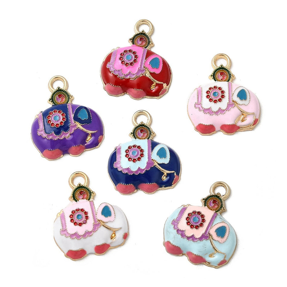 Gold-Filled Enamel Elephant with Rhinestone Pendant 22mm, 5pcs