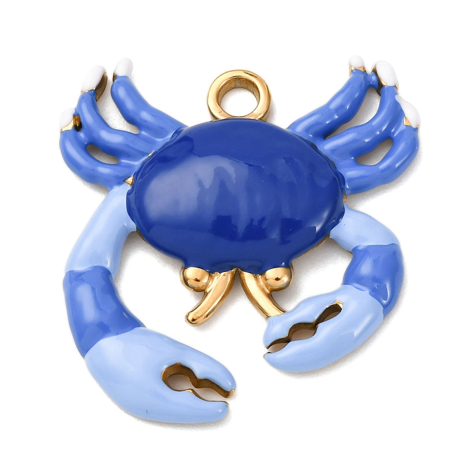 Stainless Steel Crab with Blue Enamel Pendant 28mm, 1pc