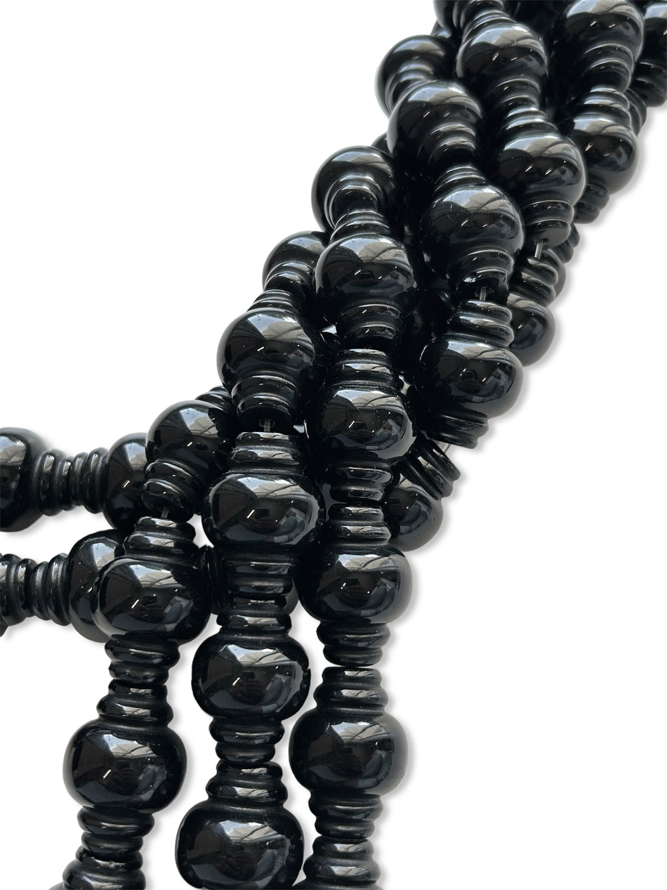 Concave Bicone Black Agate Bead Strand, 30mm