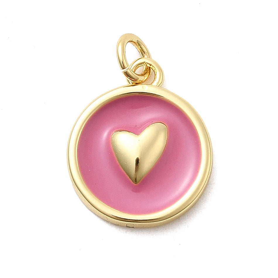 Enamel Flat Round Heart Pendant, 17mm