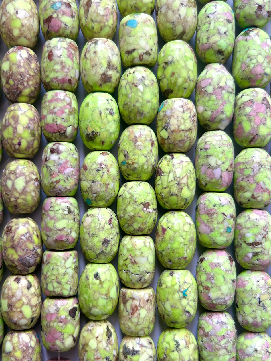 Green and Pink Mosaic Howlite Barrel Bead Strand, 20mm