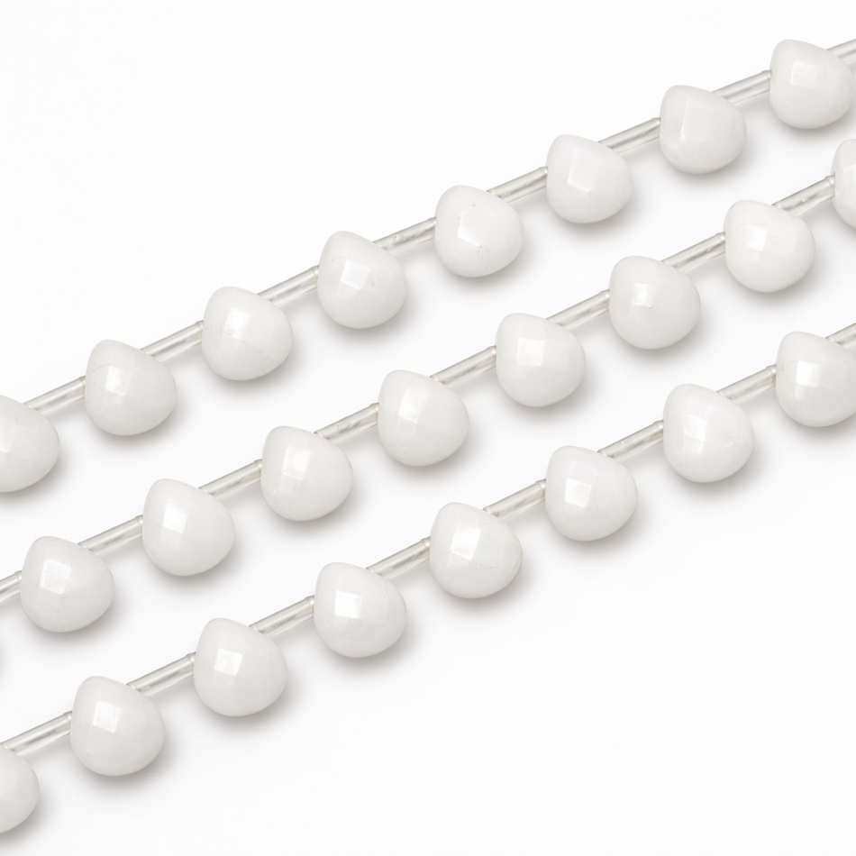 Faceted White Jade Drop Bead 8mm Strand