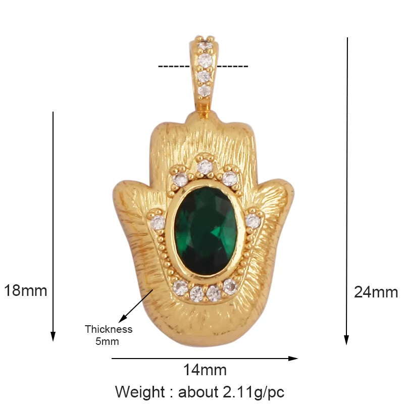 18k Gold Plated Hamsa Pendant With Green Zirconia 24mm, 1pc