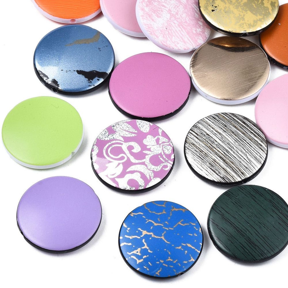 Mixed Color Flat Round Printed Acrylic Beads 25mm, 10pcs