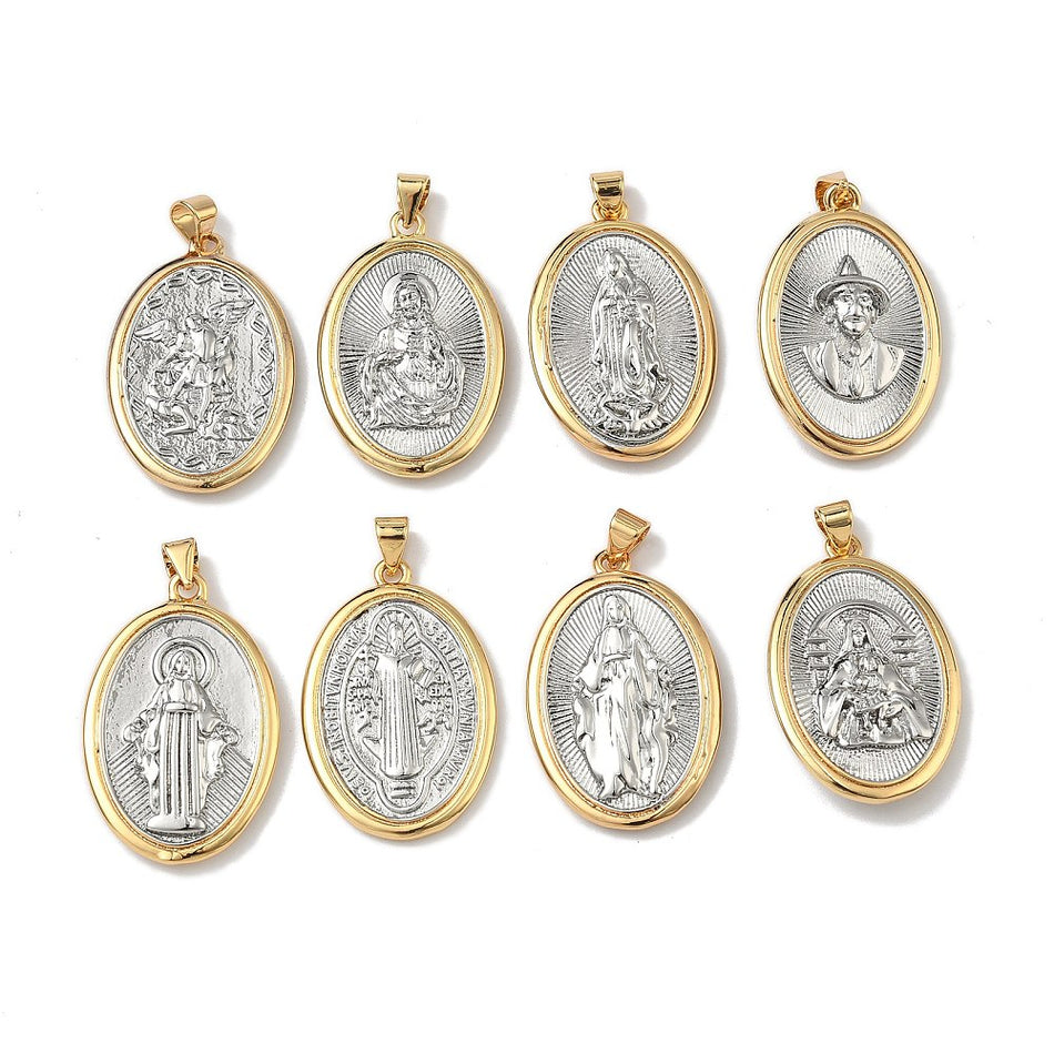Two-Tone Religious Oval Pendant 30mm, 1pc (Random)
