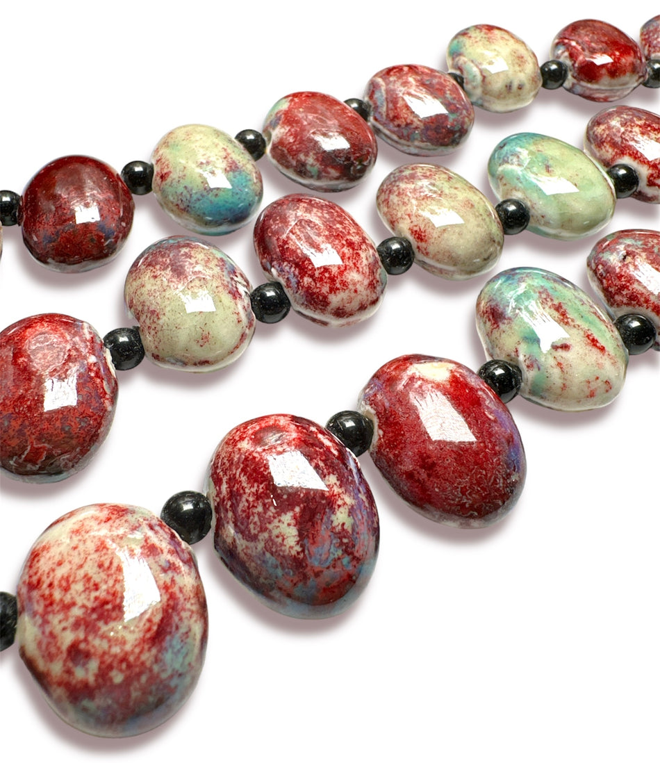 Red-Turquoise Oval Ceramic Strand, 16mm