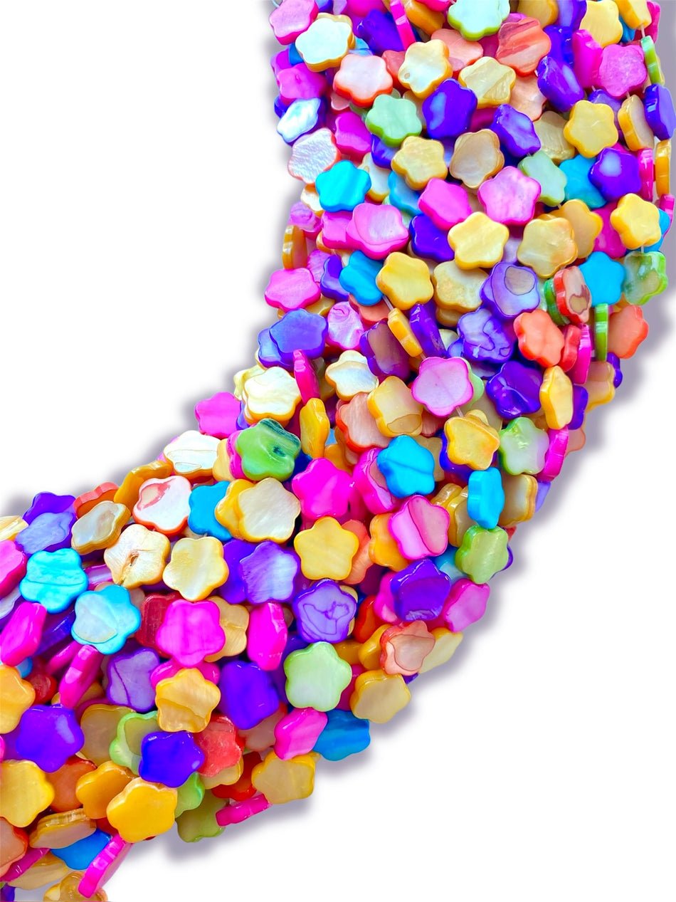 Multicolor Mother Of Pearl Flower Bead Strand, 14mm