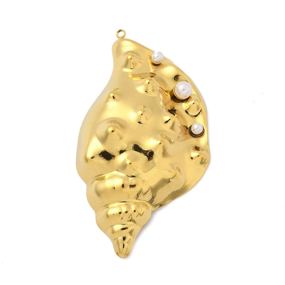 Stainless Steel Gold Shell Pendant with Crystal Pearls 68mm, 1pc