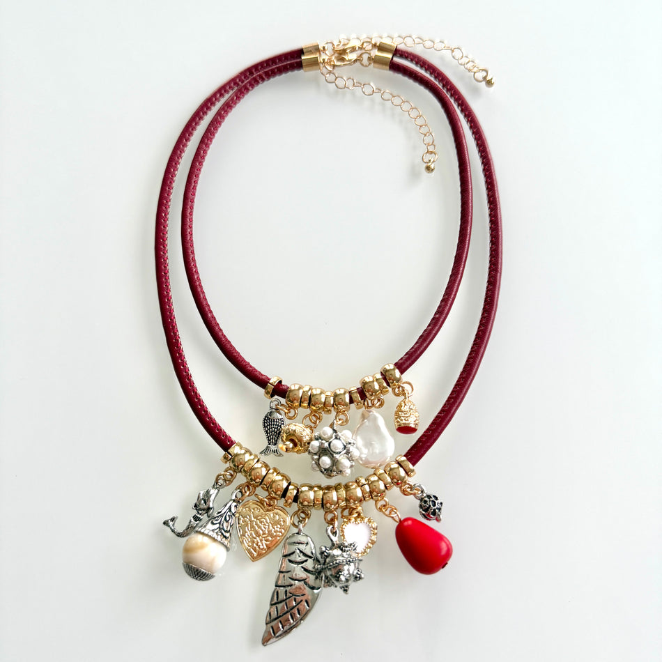 Double-Layer Cord Necklace with Charms