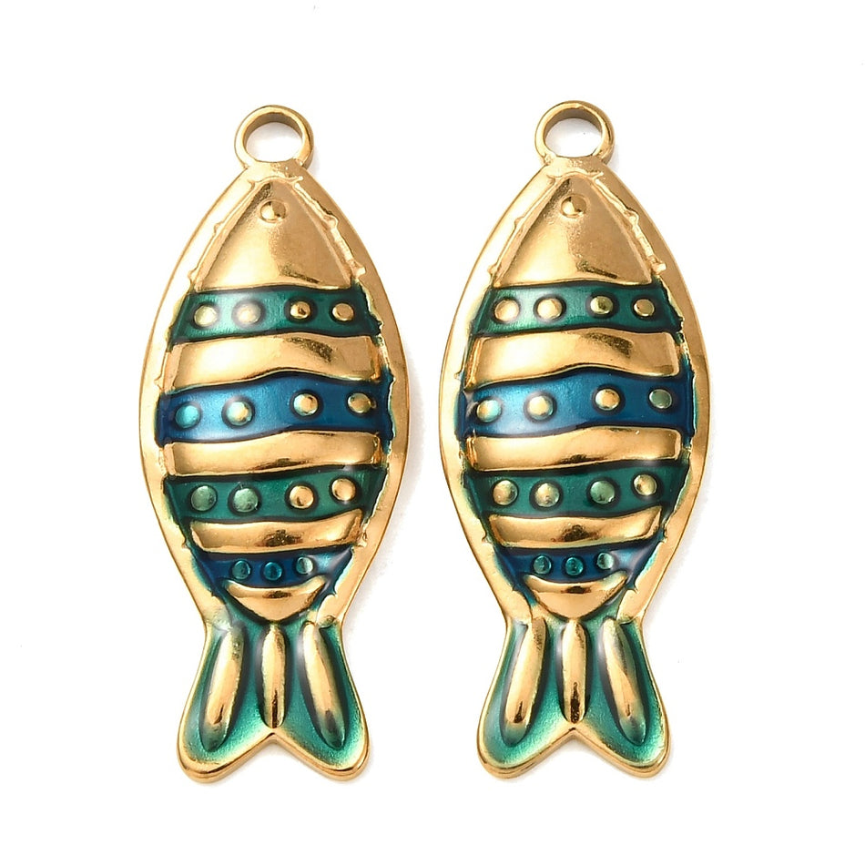 Stainless Steel Fish with Teal Enamel Pendant 30mm, 2pcs