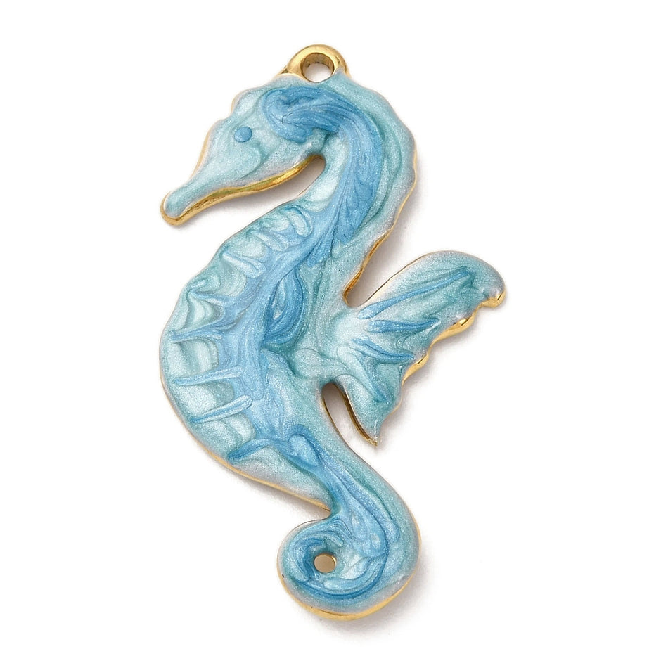 Stainless Steel Blue Enamel Seahorse Pendant 38mm, 1pc