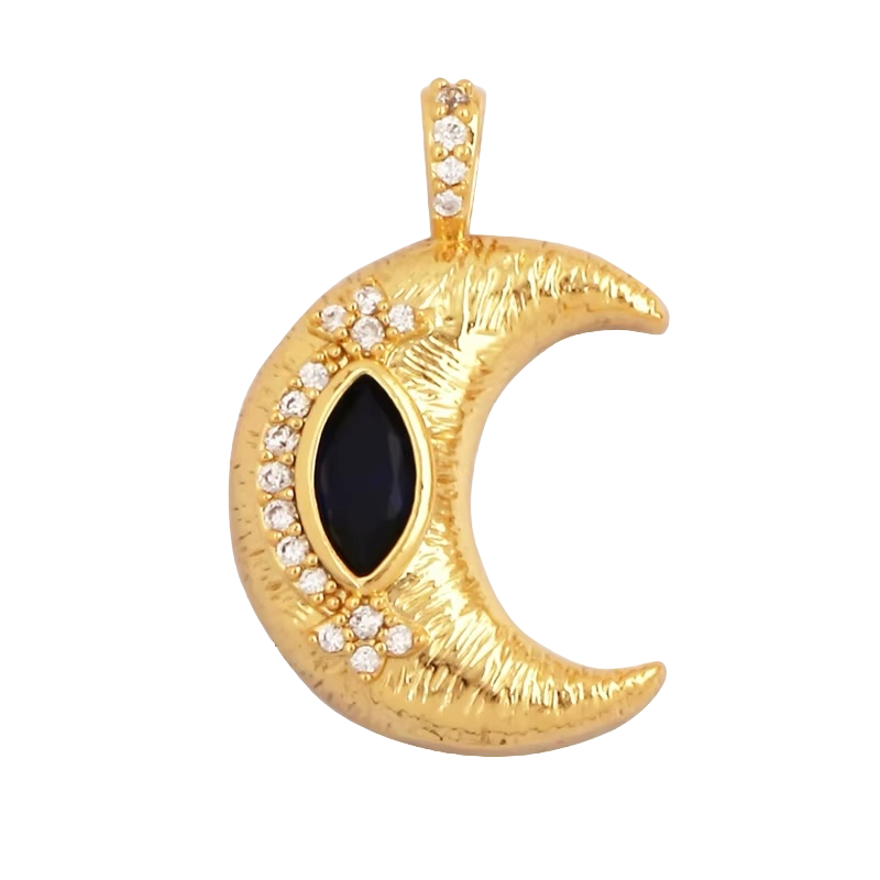 18k Gold Plated Moon Pendant With Navy Blue Zirconia 23mm, 1pc